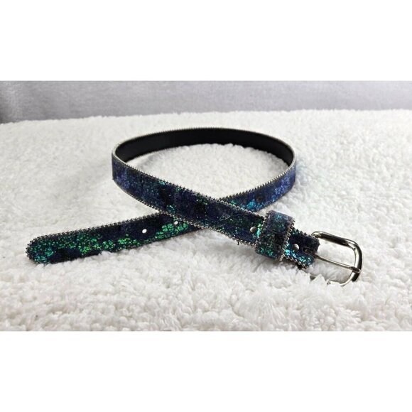 VTG 80s Belt Evening Sparkle Multicolor Blue Green Silver Glitter Sz S Party - Picture 4 of 11
